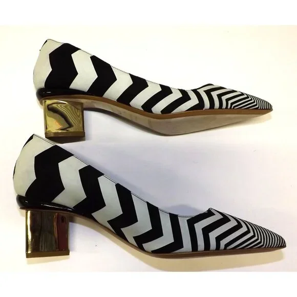 Nicholas Kirkwood Gold Prism Pump Chevron Point Toe Heel Black White Sz 7 ZigZag - Picture 10 of 12